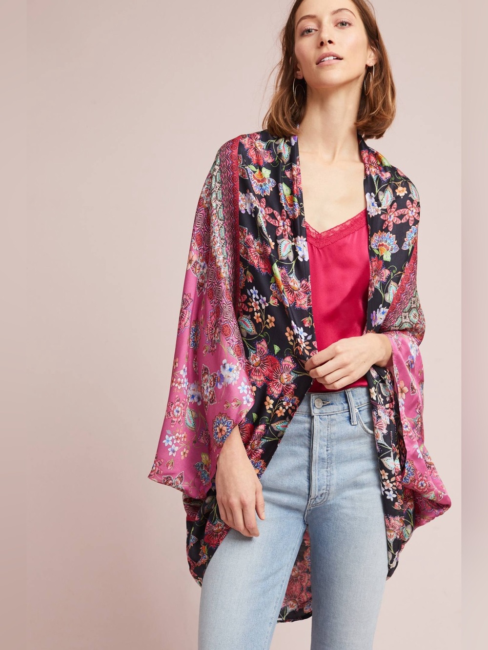 Anthropologie | kachel Floral Pink and Black Satin Kimono
